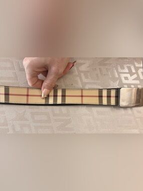 Burberry Tan Plaid Leather-Trim Belt with Silver Buckle